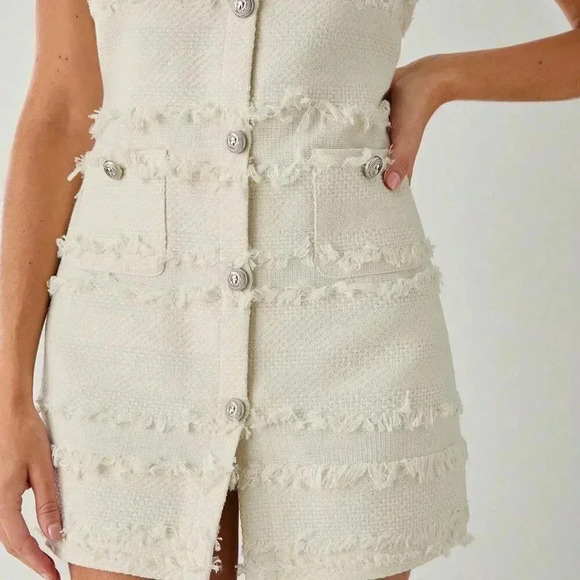 White Casual Women's Single-Breasted High-End Tassel Tweed Sleeveless Dress - Picture 6 of 8